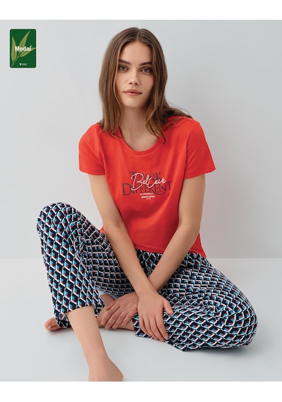 Pierre Cardin 9157 Modal Pamuk Cepli Kısa Kol Kadın Pijama Takımı Kırmızı