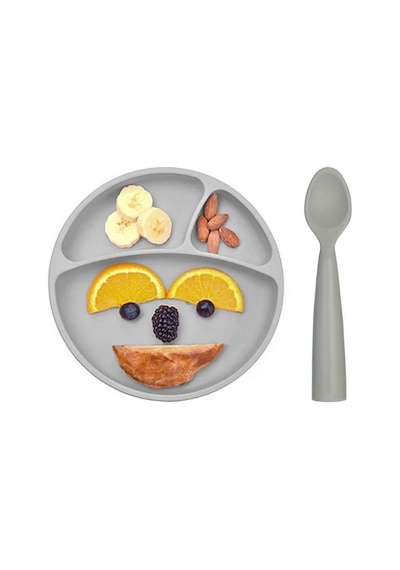 Oioi Vakum Tabanlı Silikon Tabak Ve Nam Nam Kaşık 2'li Set  Gri