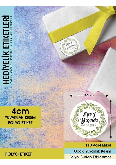 Yeşil Yapraklı Çelenk Modeli Ürünlerinize Özel 4cm - 110 Adet Folyo Sticker Renkli