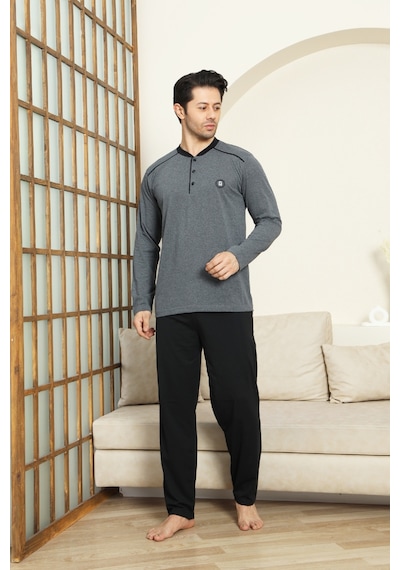 Enisena Erkek %100 Pamuklu Pijama Takımı-3 Düğmeli-12440 Füme