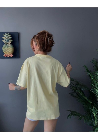 Kadın Oversize Basic Tişört Salaş Kesim Pamuklu Günlük T-shirt Sari