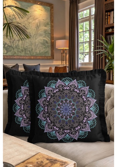 Mandala Motifli Saçaklı Yastık Kılıfı - Bohem Siyah Mor Püsküllü Kırlent Kılıfı Orman Koyu Kahve