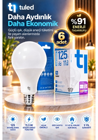 Tuled Redeem Plus 11.3 W Led Ampul, 5000 Kelvin E27 A80s, Titreşimsiz, Göz Konforu, 1648 Lümen, 6'lı