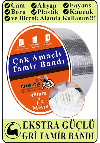Çok Amaçlı Tamir Bandı 1 Adet Su Geçirmez Sızdırmaz Isıya Dayanıklı Sakız İzole Gri Tamir Bant 48mm 1.5 Metre 1 Adet