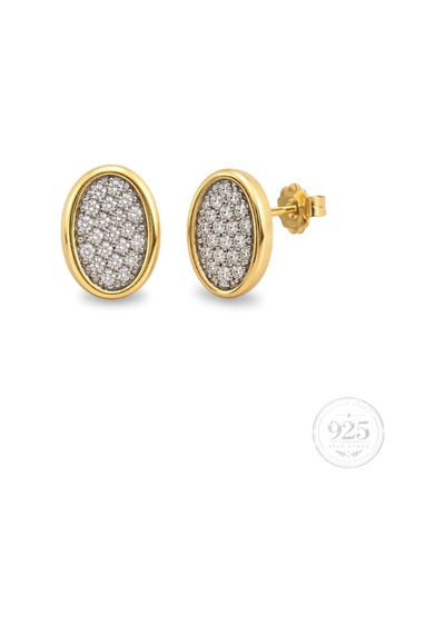 Servi 925 Ayar Gümüş Zirkon Taşlı Altın Renk Oval İtalyan Küpe -488 Altın - Gümüş