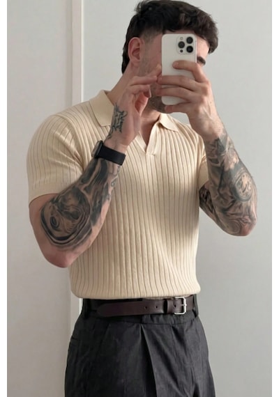 Tarz Cool Premium Fitilli Triko Polo Yaka Erkek Old Money T-shirt Bej