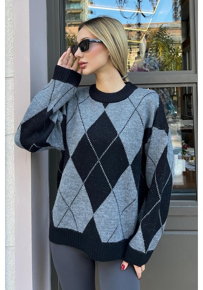 Madmext Siyah Baklava Desen Kadın Triko Kazak Mg2190 Siyah