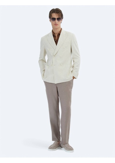 Kip Bej Çizgili Modern Fit Keten Karışımlı Ceket Bej