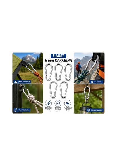 Metal Yaylı Karabina 6x60 Mm 5 Adet Paslanmaz Çelik