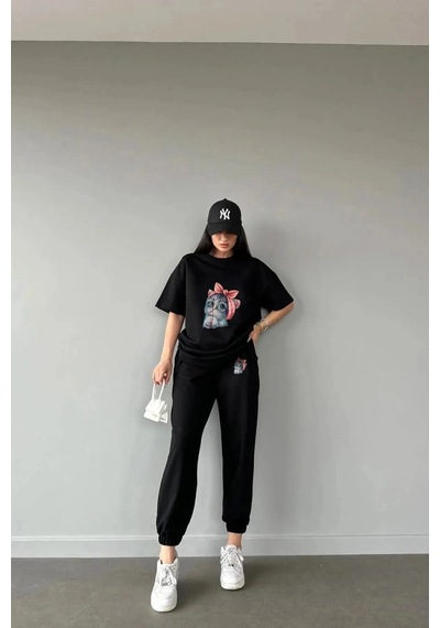 Tarzsokak Sevimli Minik Kedi Eşofman Altı Ve T-shirt - Jogger Tişört Alt Üst Eşofman Takımı B Siyah