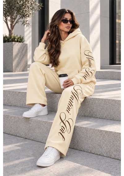 Macklin Unisex Kadın Erkek Martini Girl Kol Paça Baskılı Oversize 3 İplik Kapüşonlu Sweatshirt Ve Baggy Eşofman Altı Bej
