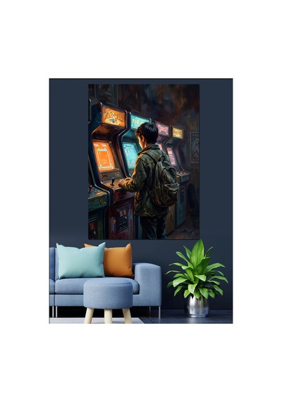 Retro Atölyede Oyun Oynayan Genç Yağlı Boya Dokulu Kanvas Tablo Canvas Tablosu