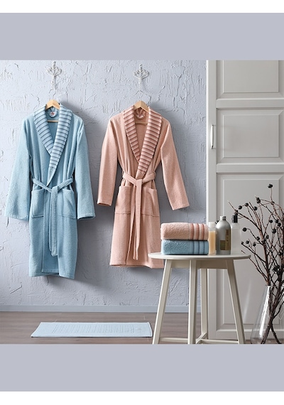 Taç Pure Cotton Aile Bornoz Seti Simple Somon-Mavi Mavi - Somon