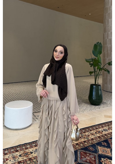 Riella Butik Mirel Volanlı Tesettür Takım Vizon