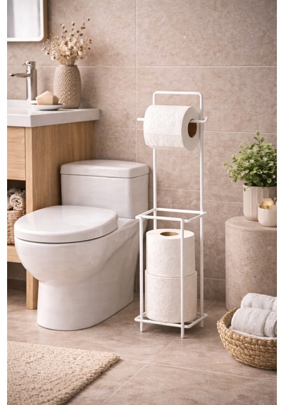 Modern Standlı Yedek Hazneli Tuvalet Kağıtlığı Şık Banyo Düzenleyici Organizer Paslanmaz Metal Çok Renkli