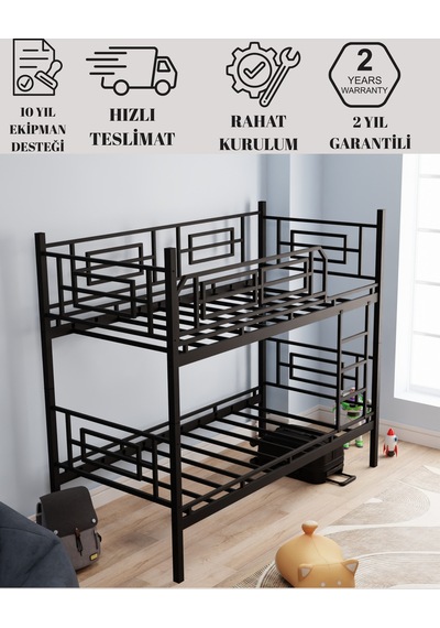 Moblay Defne Genç Çocuk Yatak Odası Metal Ranza Ve Karyola 90x200 Siyah 90 x 200