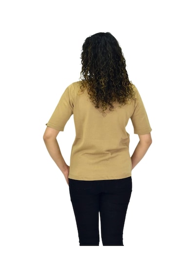 Kadın Yarım Kol V Yaka Yaka Sırt Detaylı Triko Tişöt 12837 Bgl-st04658 Camel