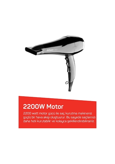 Arzum AR5011 İmaj Saç Kurutma Makinesi, 2 Hız 3 Isı Ayarlı, Difüzör Başlıklı, 2200W, Siyah
