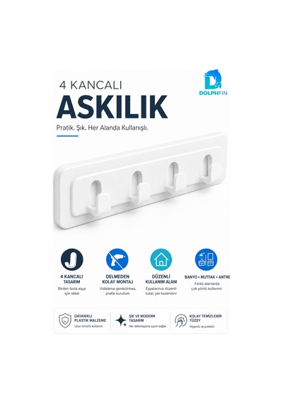 4 Kancalı Yapışkanlı Duvar Askılığı Delmeden Montaj Beyaz