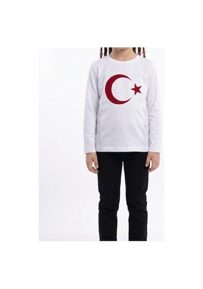 Es Eyüp Selda Kız Çocuk Ay Yıldız Türk Bayraklı Uzun Kollu Tişört Beyaz