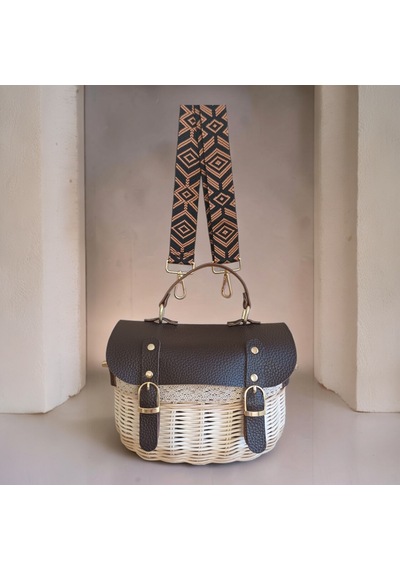Handanrattan Dantel Detaylı Özel Tasarım Rattan Omuz Çantası - Kahverengi Deri Kapaklı Vintage Model Kahve