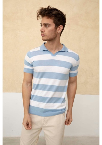 Tarz Cool Renk Bloklu Polo Yaka Triko T-shirt Mavi