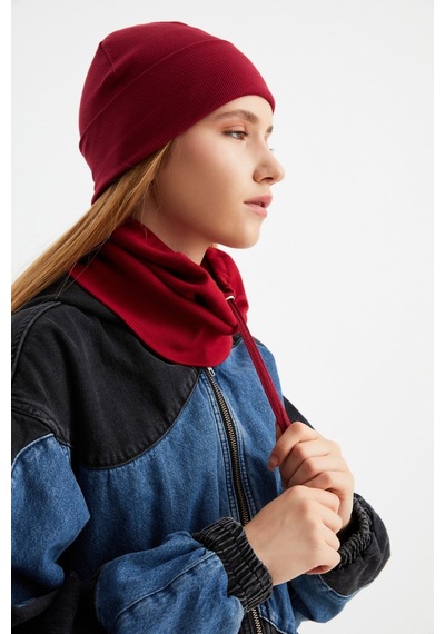 Butikgiz Kadın Balıkçı Style Pamuklu Kaşkorse Terletmez Ultra Hafif Yumuşak Bere Boyunluk Takım Bordo