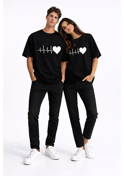 Sevgili Kombini Kalp Ritmi Baskılı Çift Tişört Oversize Unisex Partner Kombin Çift Seti Siyah