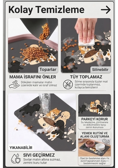 Matgo Pati Kedi Köpek Beslenme Matı 50x70cm Köpek Sofrası Su Geçirmez Kaymaz Mama Kabı Altlık Paspas
