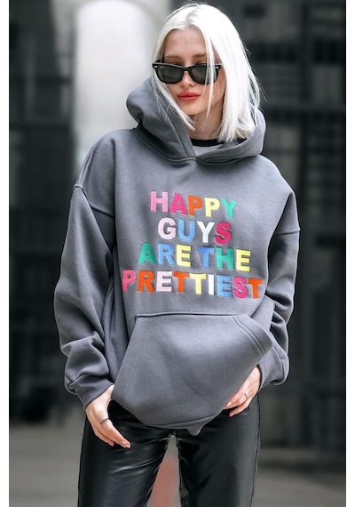 Füme Renkli Nakışlı Bisiklet Yaka Sweatshirt Mg1574