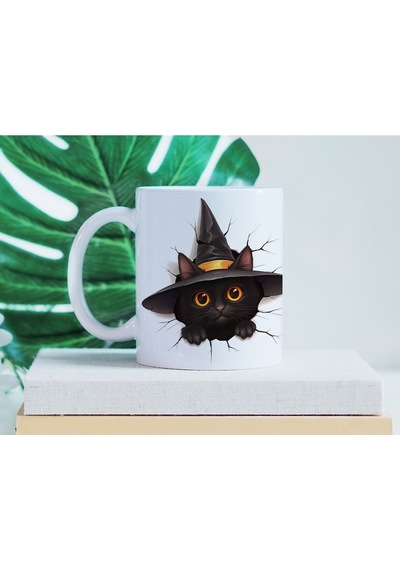 Halloween Kedi Figürlü Kupa Bardak 3 Boyutlu Tasarım Kabartmasız Beyaz