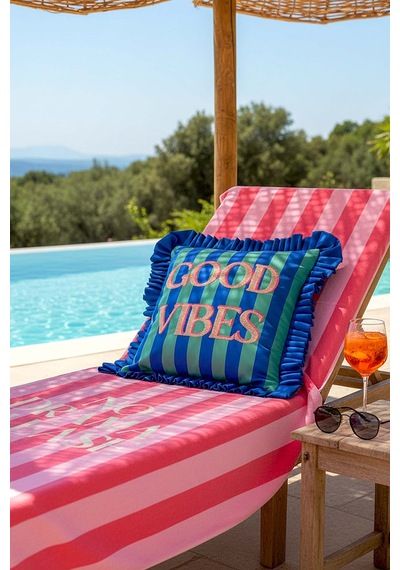 Good Vibes Fırfırlı Dekoratif Kırlent Kılıfı Mavi