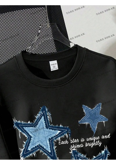 Startmore Yıldız Baskılı Oversize Kalıp Unisex T-shirt Siyah