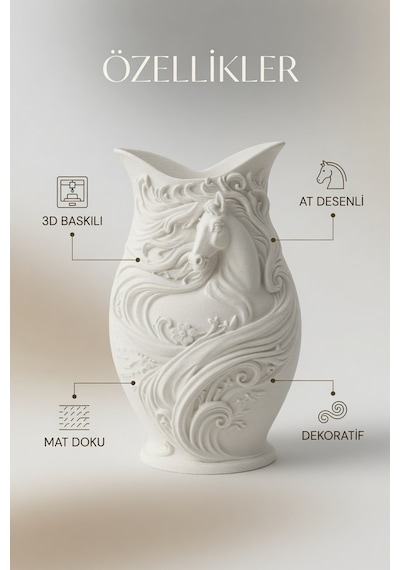 At Desenli Dekoratif Vazo Mat Dokulu Çiçeklik Modern Ev Ofis Masa Raf Salon Süs Aksesuarı 15x10 Cm Beyaz