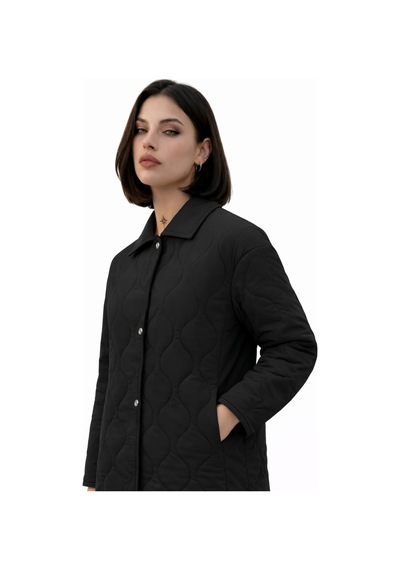 Kadın Desenli Çıtçıtlı Çift Cepli Oversize Kapitone Ceket-391 Siyah