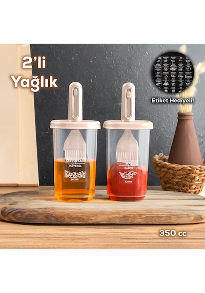 Porsima 0520 2'li Etiketli Silikon Fırçalı Yağlık - Sosluk-yağdanlık Erzak Saklama Kabı 350cc - Cappuccino Genel