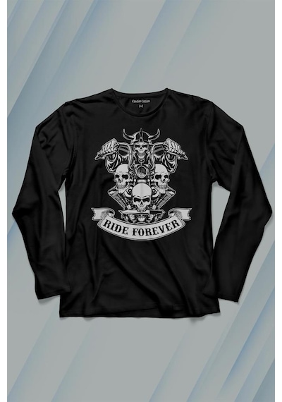 Motorcycle Skull Ride Forever Motosiklet Uzun Kollu Tişört Baskılı T-shirt 001