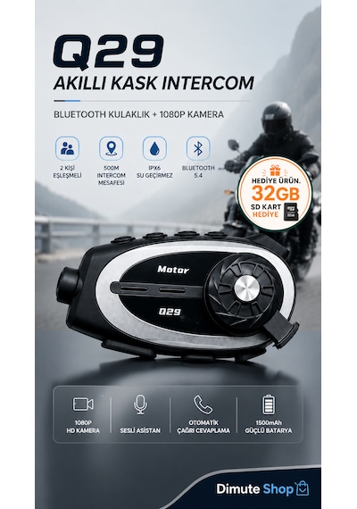 Q29 Motosiklet Kask Intercom Bluetooth Kulaklık 1080p Kamera Ipx6 Su Geçirmez 500m