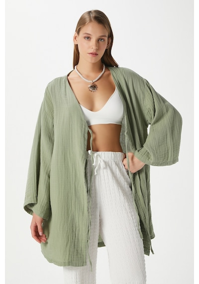 Ritnice Kadın Sandra %100 Pamuk Müslin Bağcıklı Haki Kimono Haki
