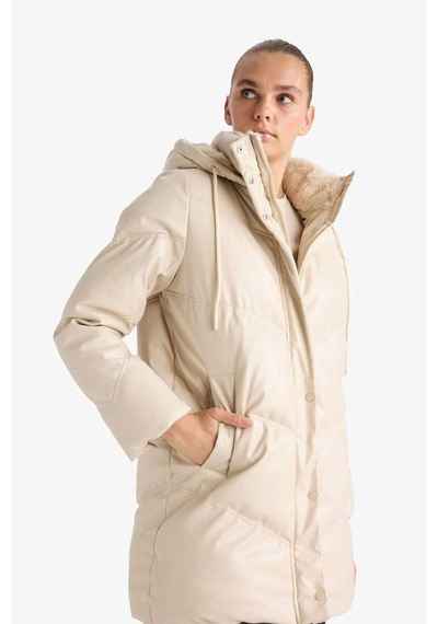 Defacto Su Geçirmez Relax Fit Kapüşonlu Suni Deri Parka F2884ax26sper170 Ekru-er170