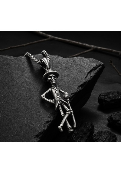 Paslanmaz Çelik Gotik Still Şapkalı İskelet Kolye Bastonlu Kuru Kafa Kolye Antik Gümüş