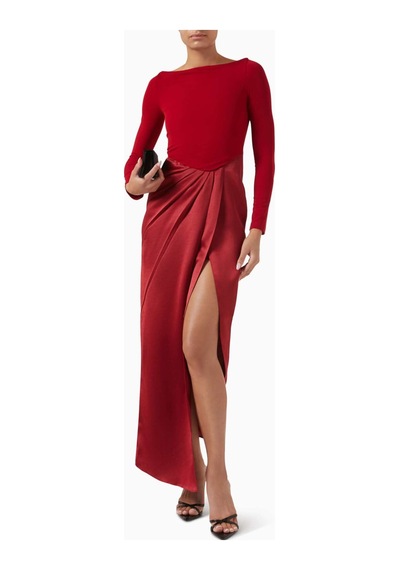 Eegen Studio Drape Maxi Elbise - Dikkat Çekici Doku, Yüksek Yırtmaç & V - Yırtmaçlı Bel Kırmızı