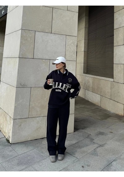 Soonaksesuar Üç İplik Yakalı Sweat Baggy Pantalonlu Takım - Siyah Siyah