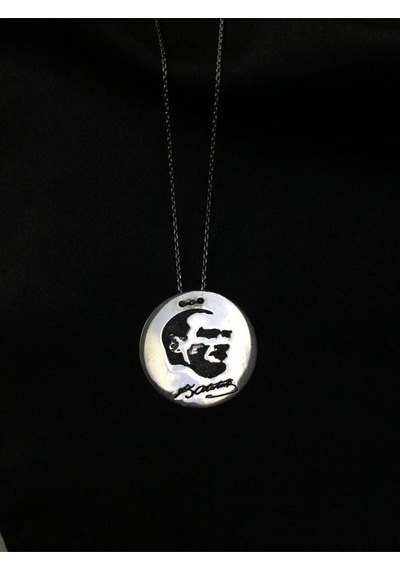 Mustafa Kemal Atatürk Silüeti V Imzası Madalyon Gümüş Sevgiliye Eşe Anneye Kolye
