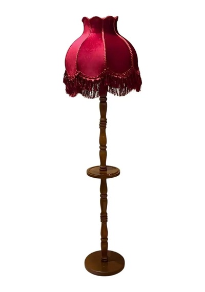 Bordo Kadife Kaplı Püsküllü Başlık Doğal Ahşap Sehpalı Ayaklı Vintage Lambader 170x45cm