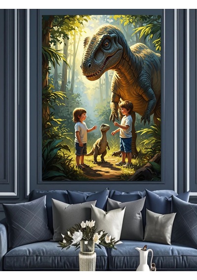 Ahşap Tablo Dinozorlarla Oynayan Küçük Çocuklar