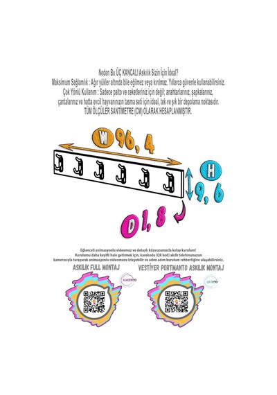 Modilayn Kedi Serisi 96,4x18 Cm 6' Lı Set 18 Kancalı Banyo Askısı Ekstra Düzen Ve Yer Tasarrufu Beyaz