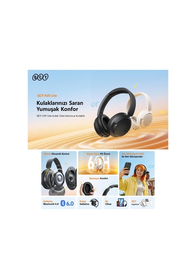 H2s Lite 6.0 Bluetooth Kulaklık Enc Net Çağrı - Çift Cihaz 40 Mm Dinamik Sürücü - 60 Saat Dinle Siyah