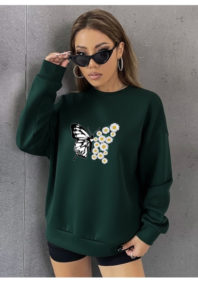 Uyguntarz Unisex Papatya Kelebek Baskılı Tasarım Oversize Bisiklet Yaka Sweatshirt Yeşil