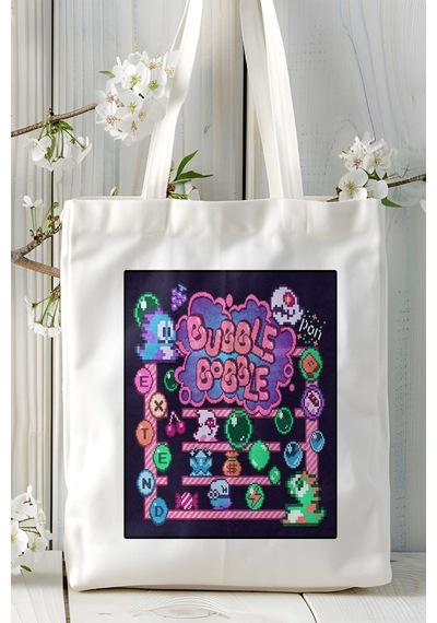 Art Hediye Bubble Bobble Oyun Baskılı Omuz Çanta Kişiye Özel Model 4 Çok Renkli